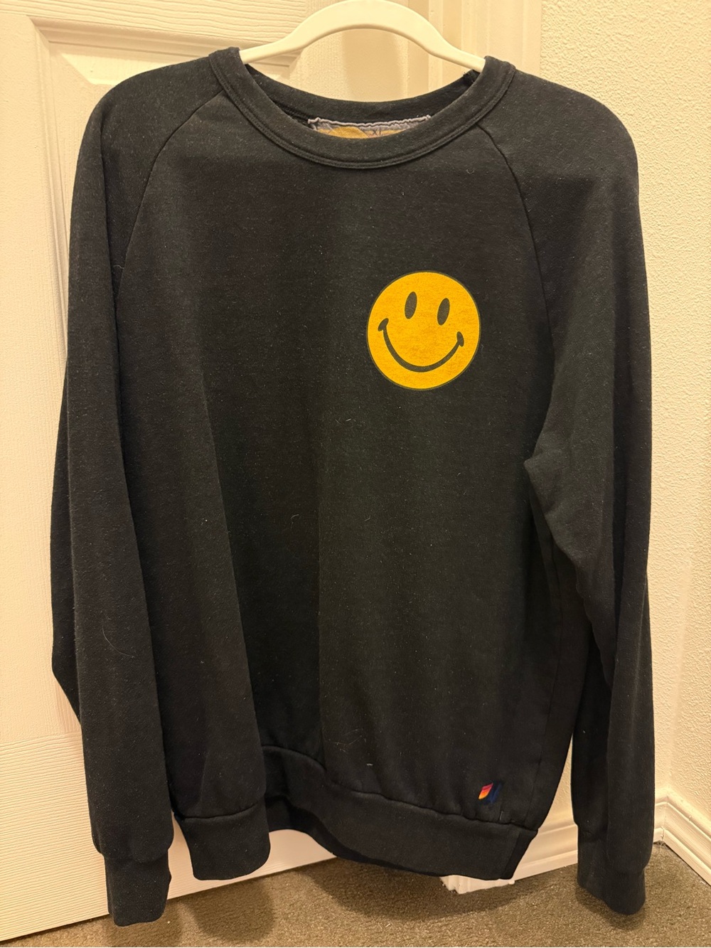 Aviator Nation Black Crewneck Sweatshirt with Yellow Smiley